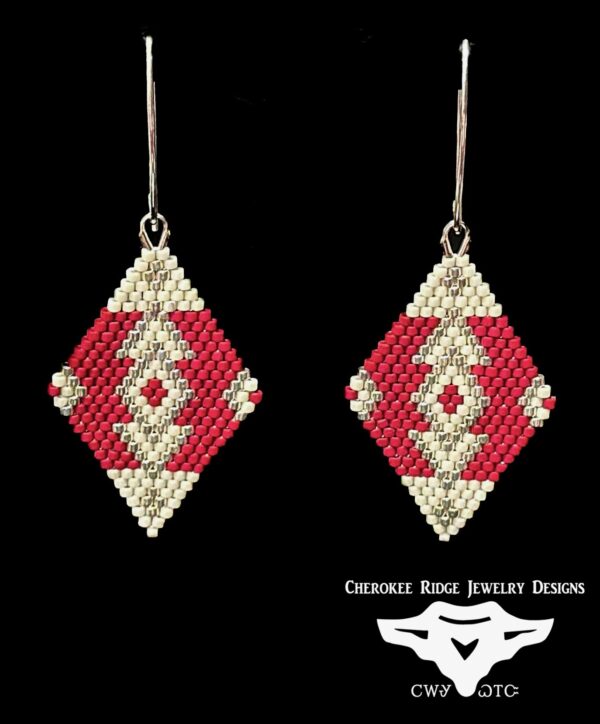 Red, Silver & Cream Southwest Pattern Hand-Stitched Beaded Earrings