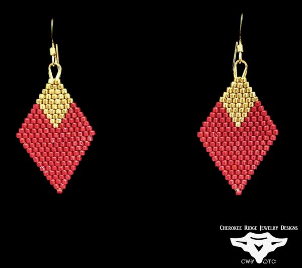 Diamond Two-Tone Gold & Red Hand-Stitched Beaded Earrings