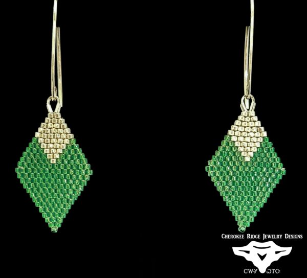 Diamond Two-Tone Silver & Green Hand-Stitched Beaded Earrings