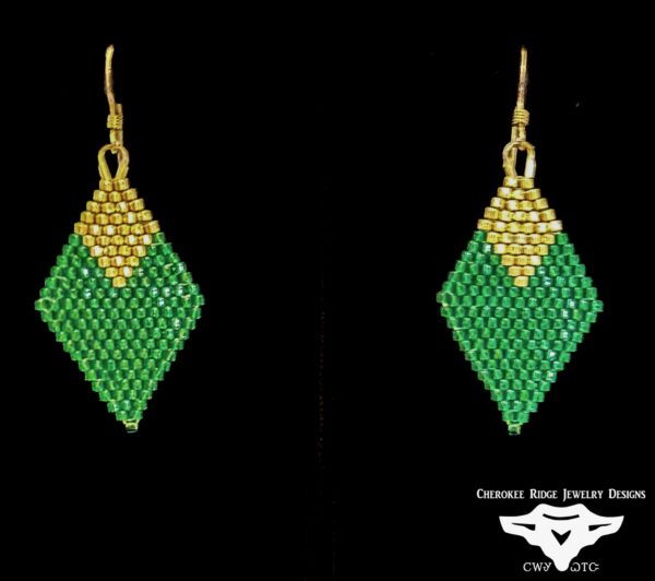 Diamond Two-Tone Gold & Green Hand-Stitched Beaded Earrings