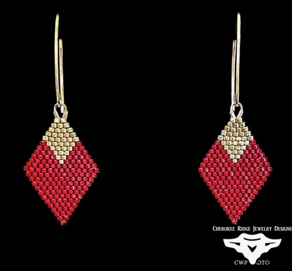 Diamond Two-Tone Silver & Red Hand-Stitched Beaded Earrings